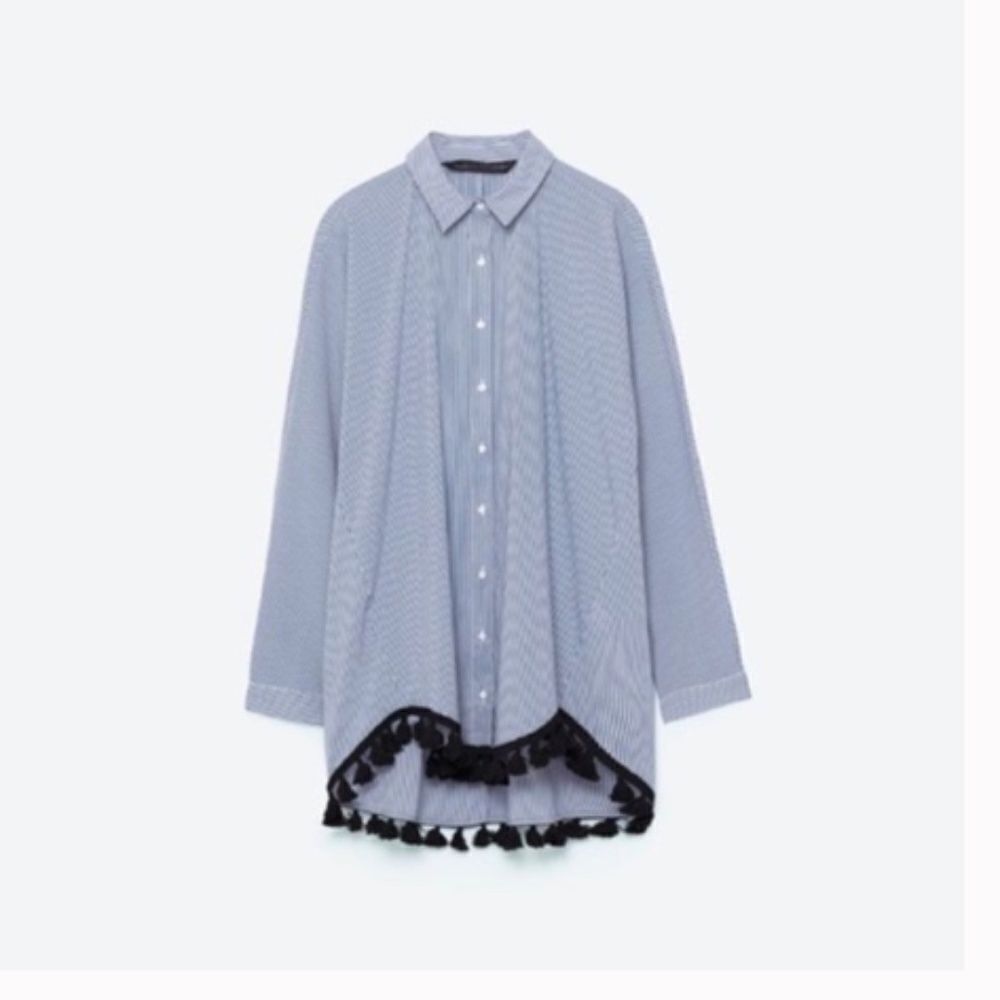Zara Stripe Tassel Pom Pom Button Down Tunic Top sz S blue white black